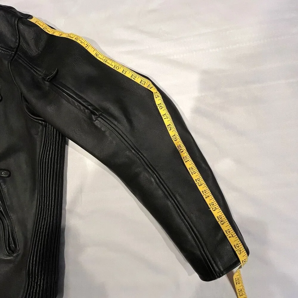 UNIK Premium Mens Heavy Black Leather Motorcycle Jacket Size 48‎ Cross Zip Liner